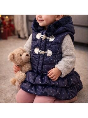 Little Lass Toddler Vest Navy Blue Polka Dot Size 2T Faux Fur Collar